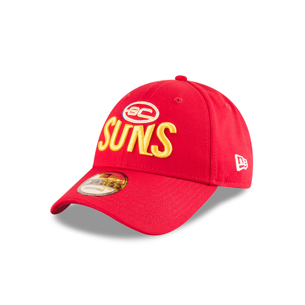 Gold Coast Suns Youth Hat - AFL 2025 Badged Red OTC 9Forty Kids Strapback Cap - New Era